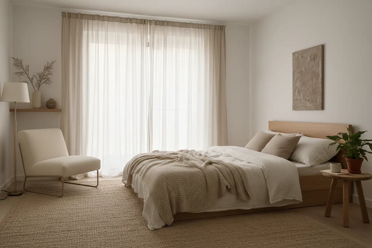 Helles Schlafzimmer mit Leinenvorhängen, Bett und Sessel